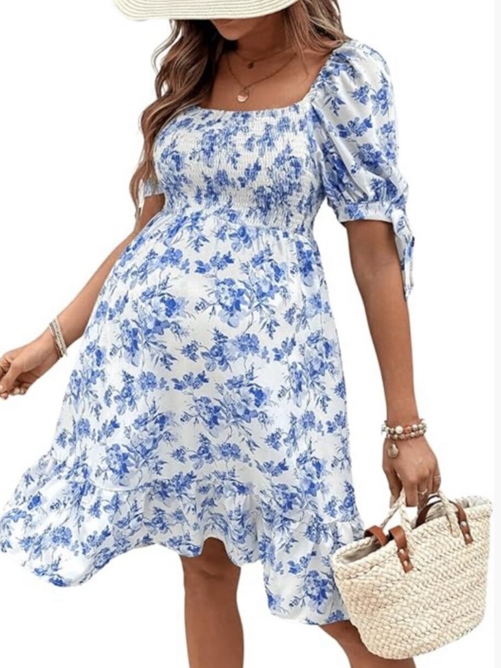 SHEIN Maternity White and Blue Floral Puff Sleeve Smocked Midi Dress